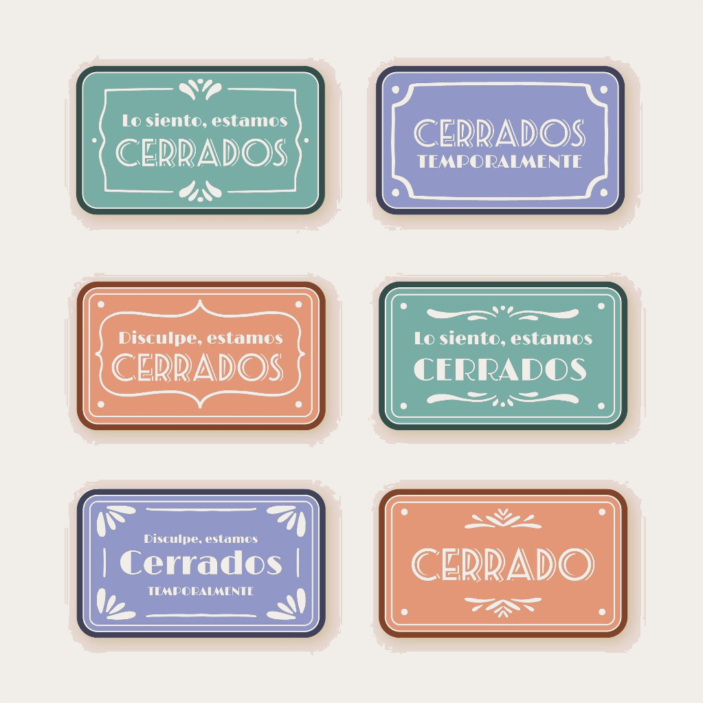 Assorted decorative closed-sign label designs in teal, lavender, and peach