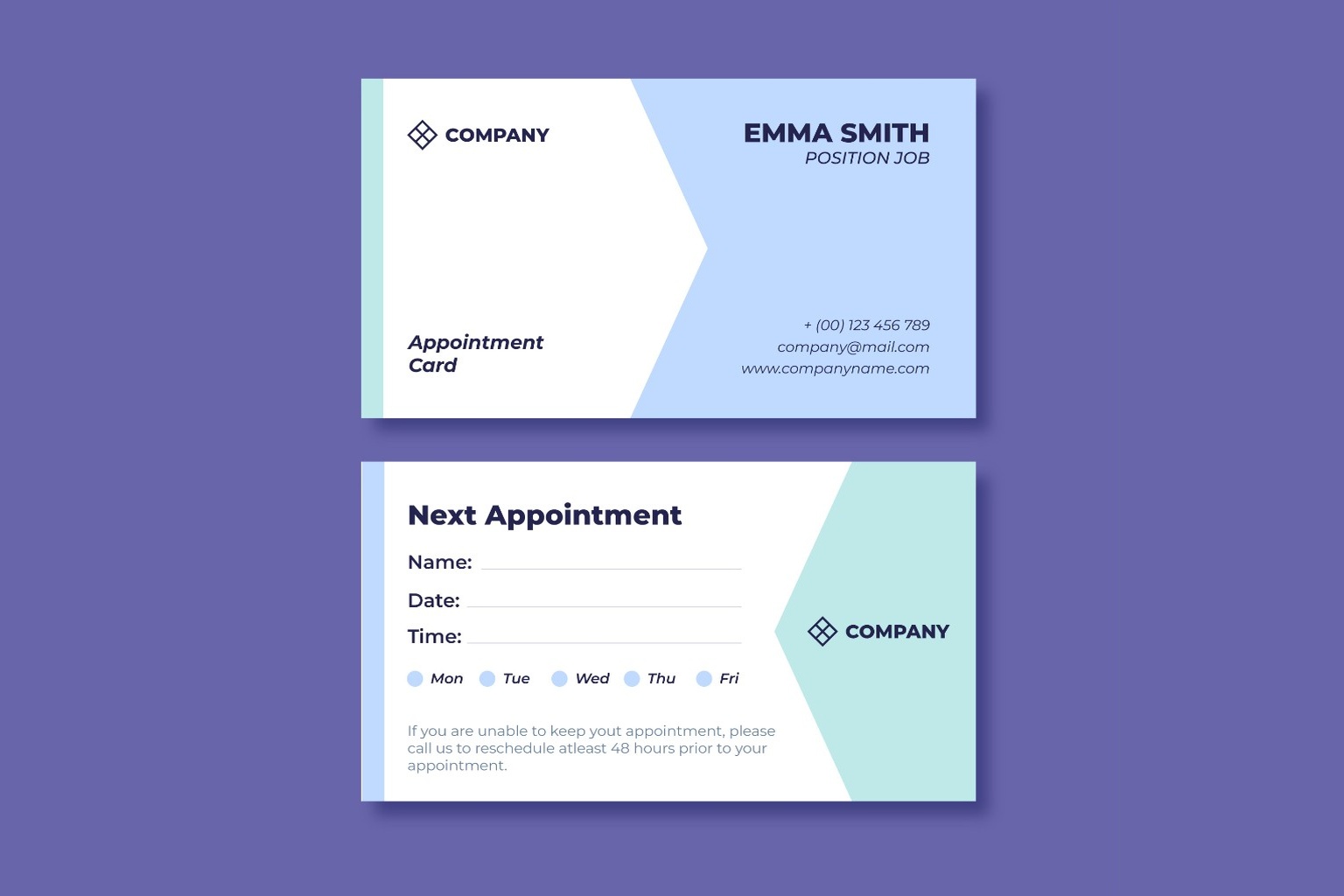 Appointment card design showing front and back with next appointment fields