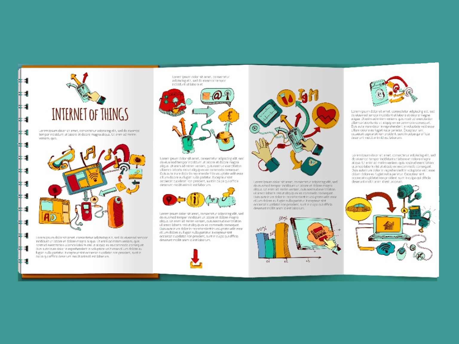 Colorful spiral-bound booklet spread with illustrated Internet of Things infographic panels