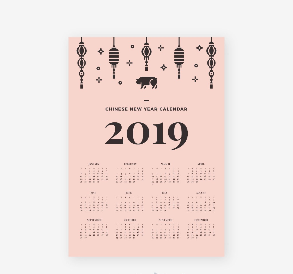 Chinese New Year calendar card mockup with decorative lanterns and a full-year calendar grid