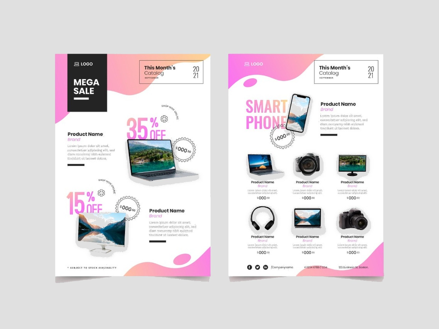 Two-page product catalog spread with electronics sale layouts and product grid