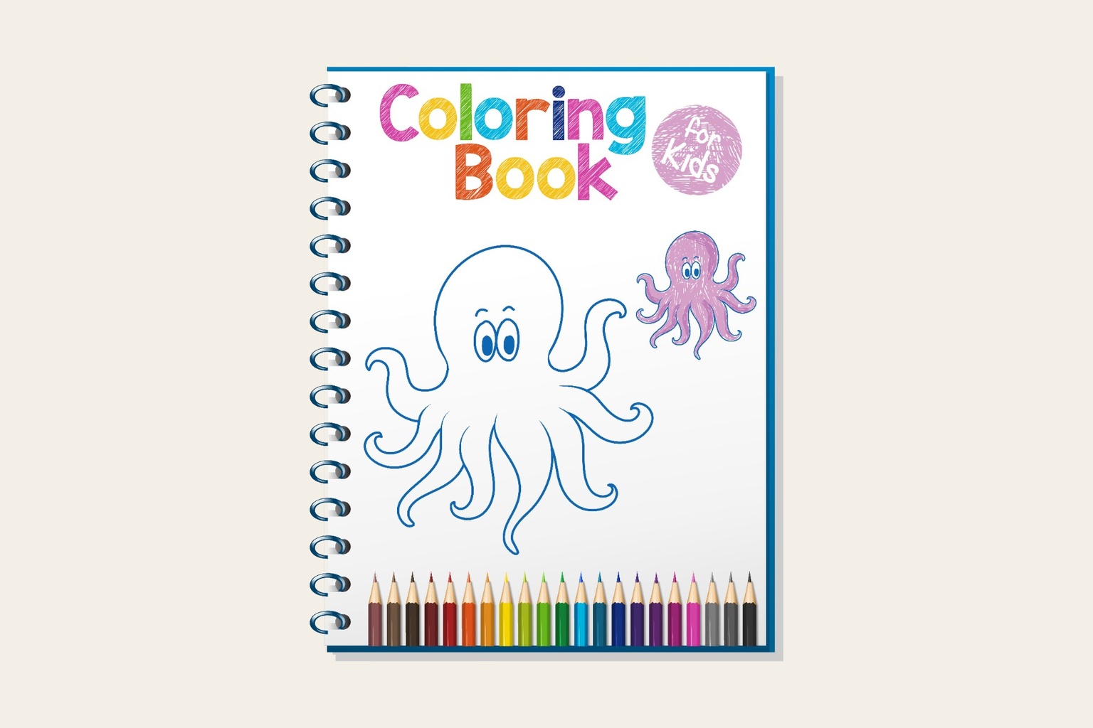 Spiral-bound kids coloring book with octopus illustration and colored pencils