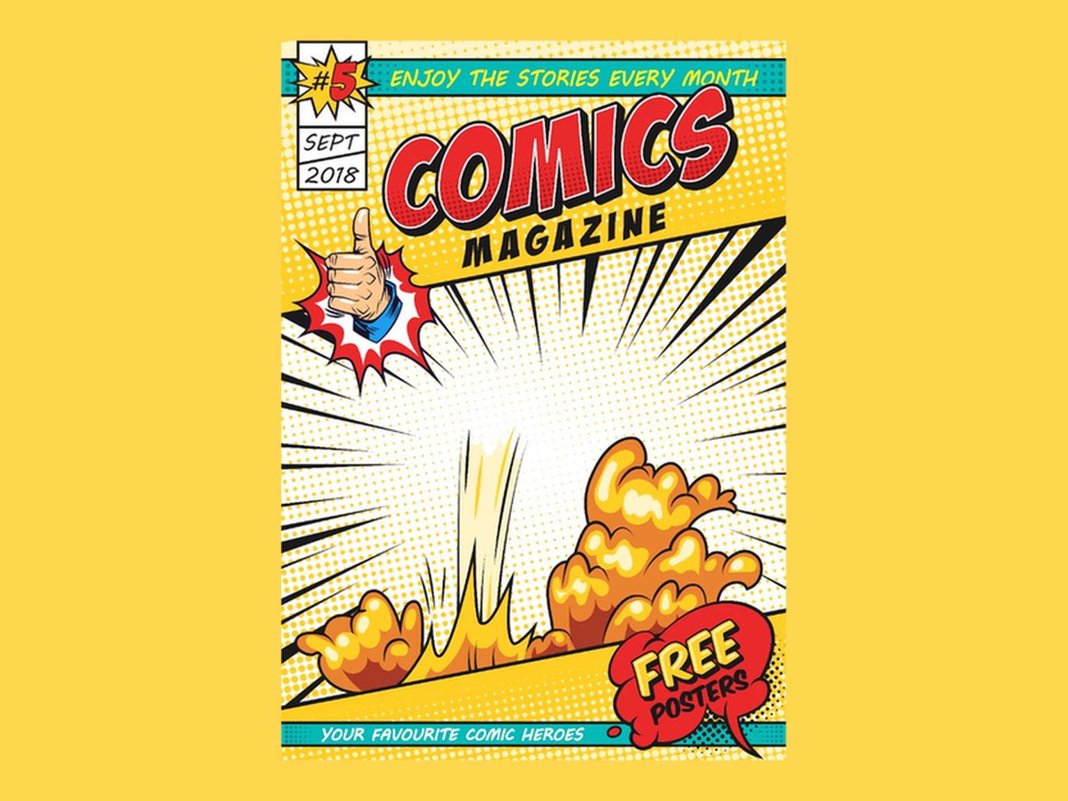 Retro comic magazine cover with bold typography, starburst graphics, and halftone yellow background
