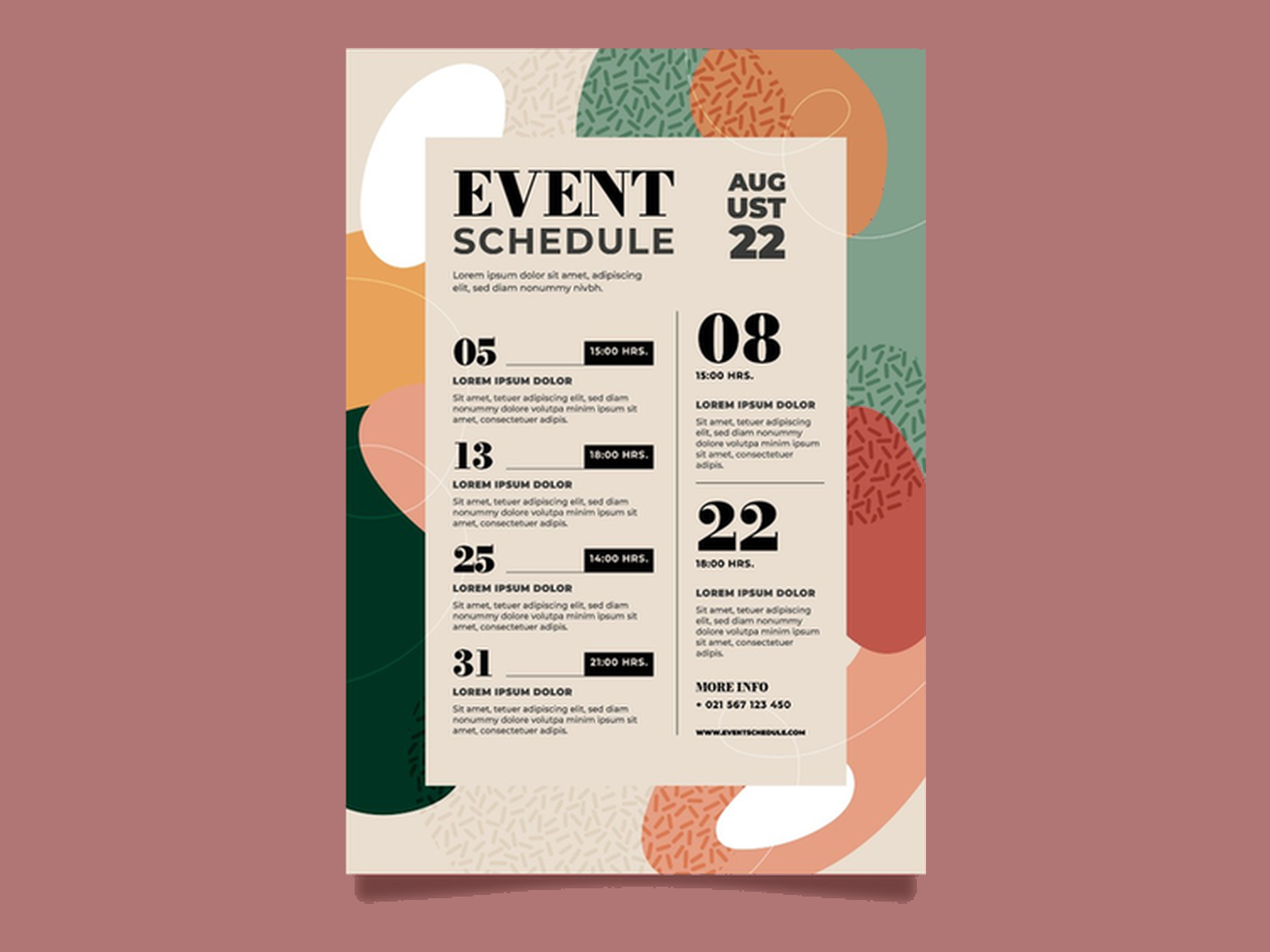 Colorful event schedule program design with bold typography and abstract shapes