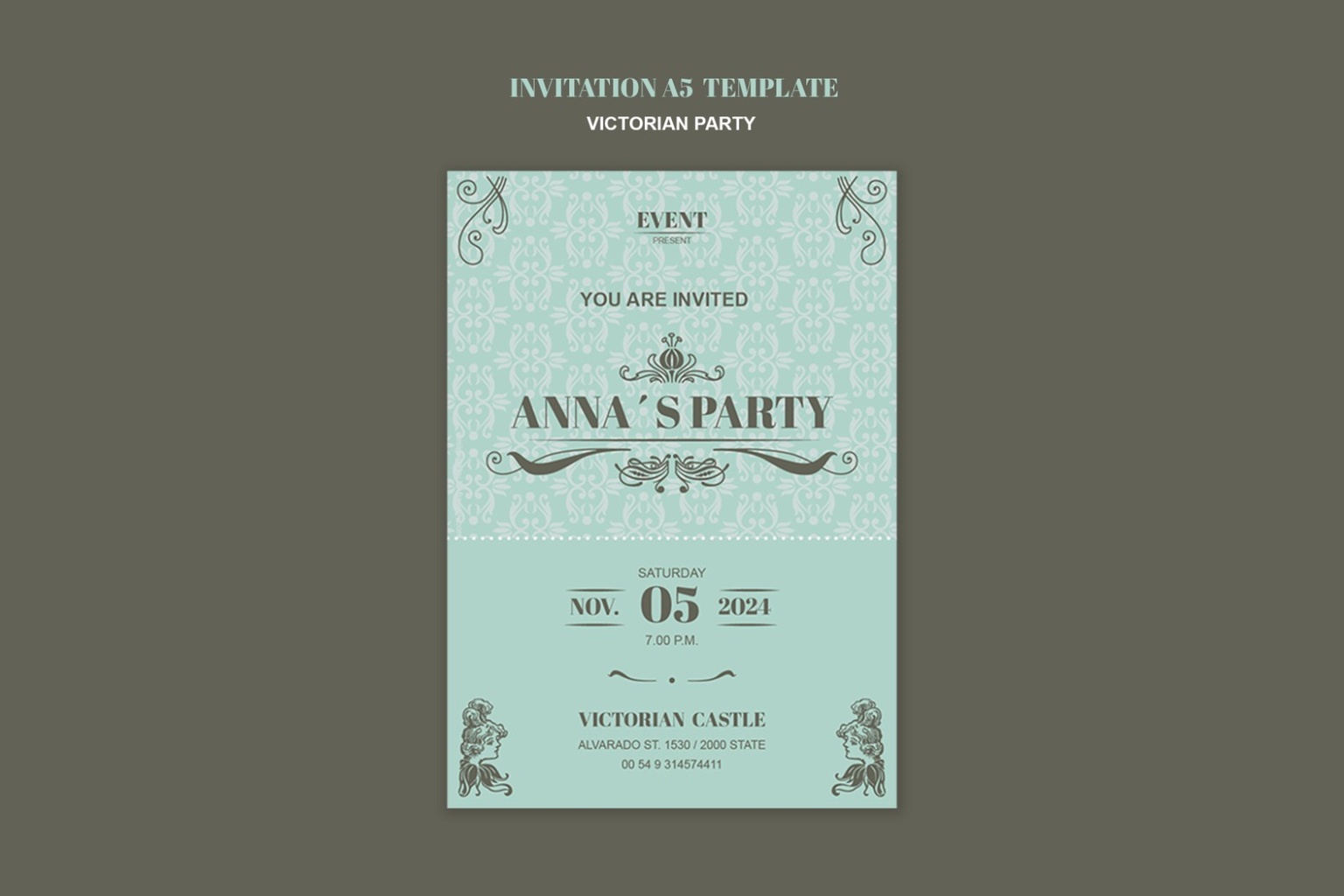 Victorian-style party invitation with elegant typography and floral accents