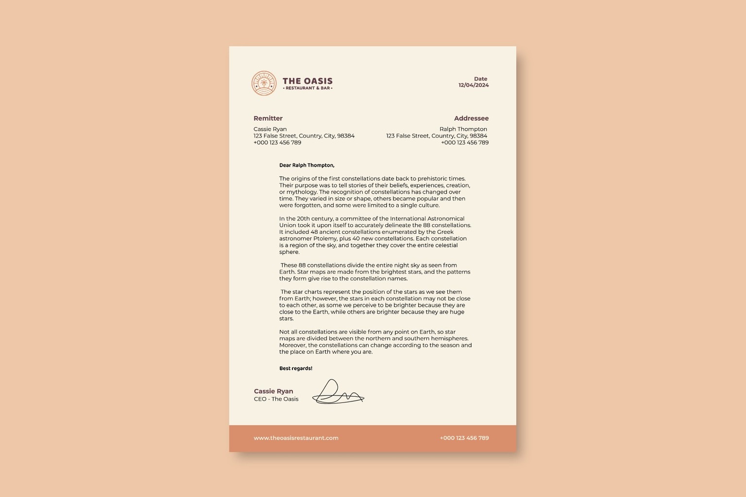 Branded restaurant letterhead with logo header, correspondence body, and footer bar