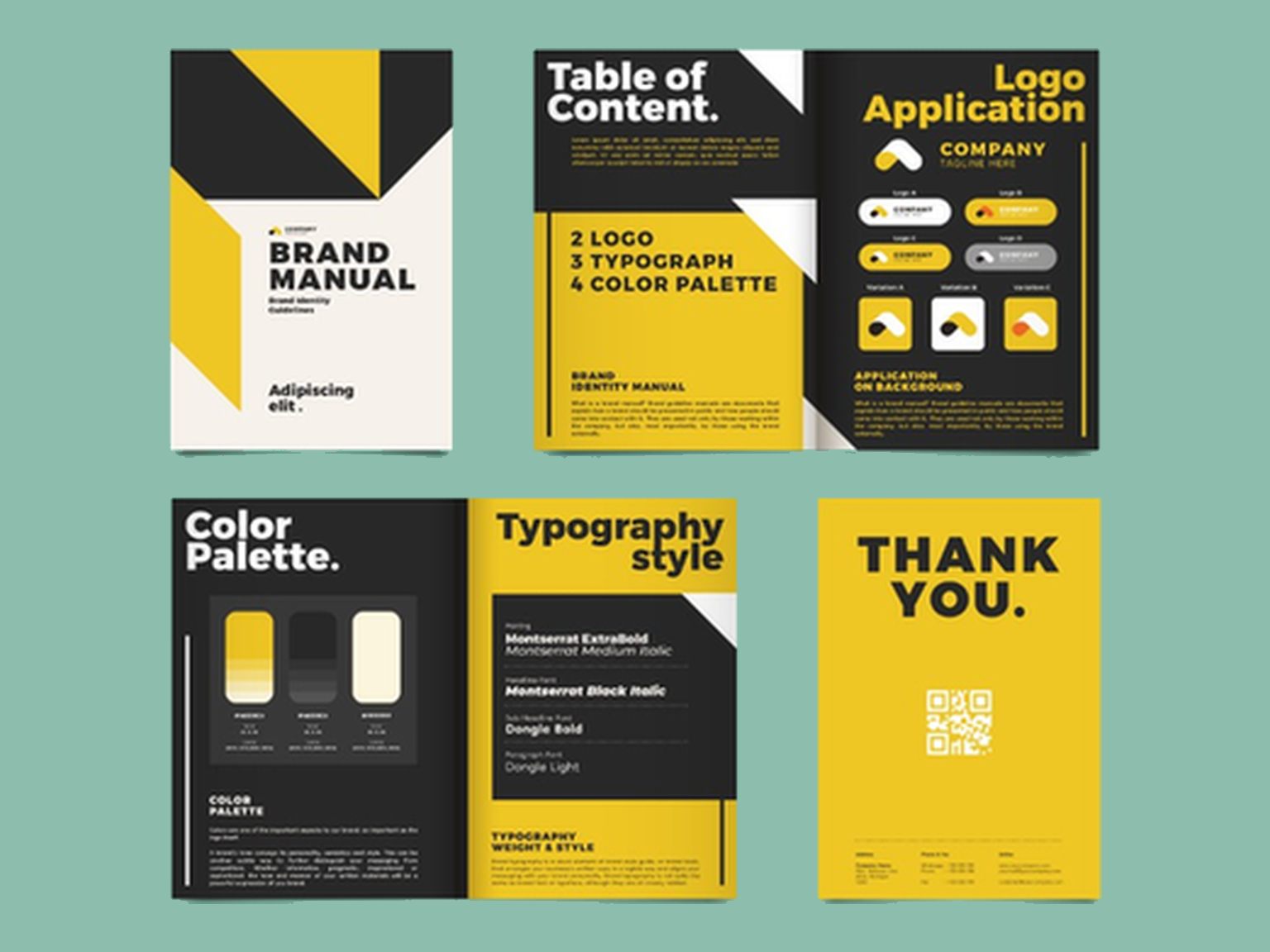 Brand manual spread mockup with bold yellow and charcoal geometric layout