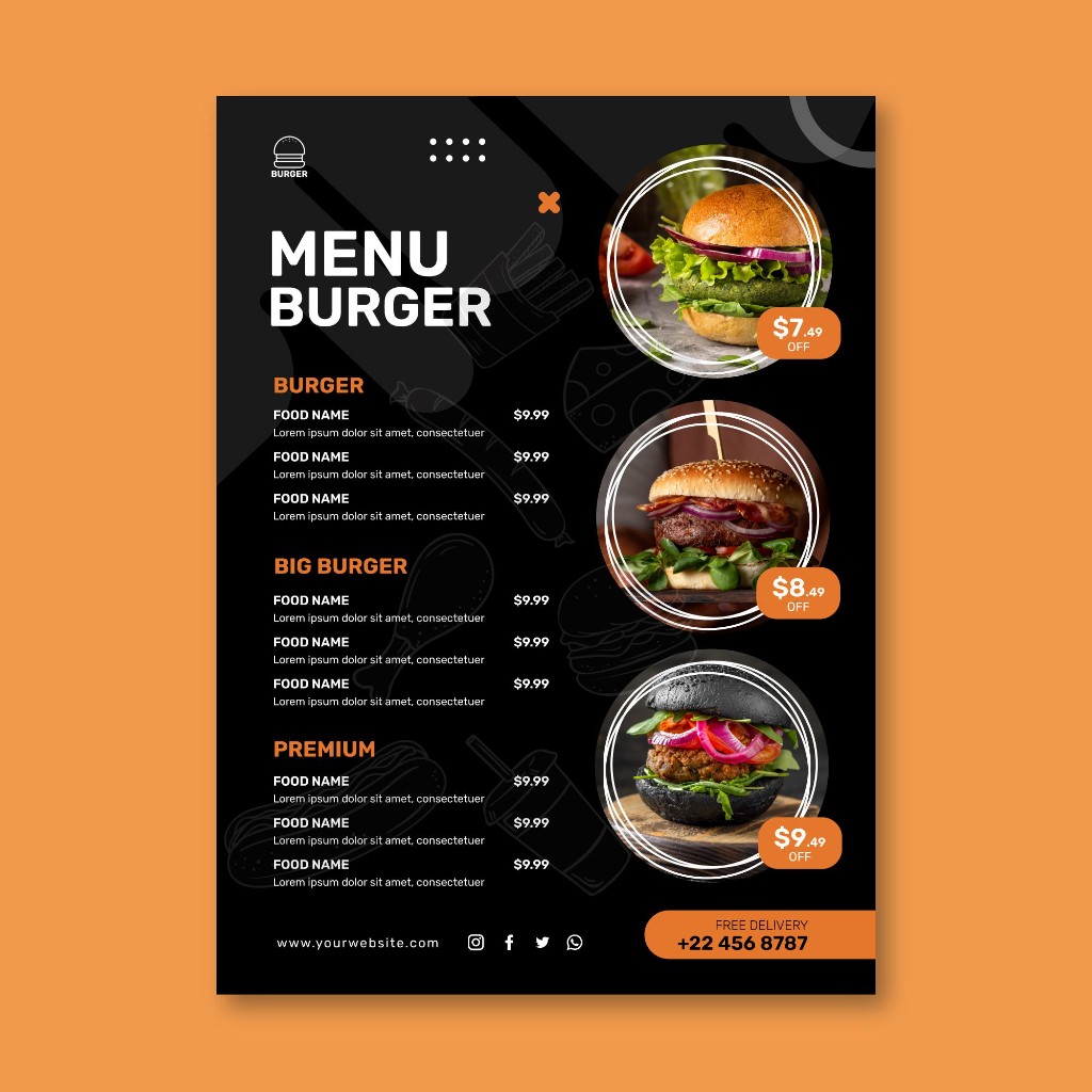 Dark-themed burger restaurant menu with orange accents, food photos, and pricing sections