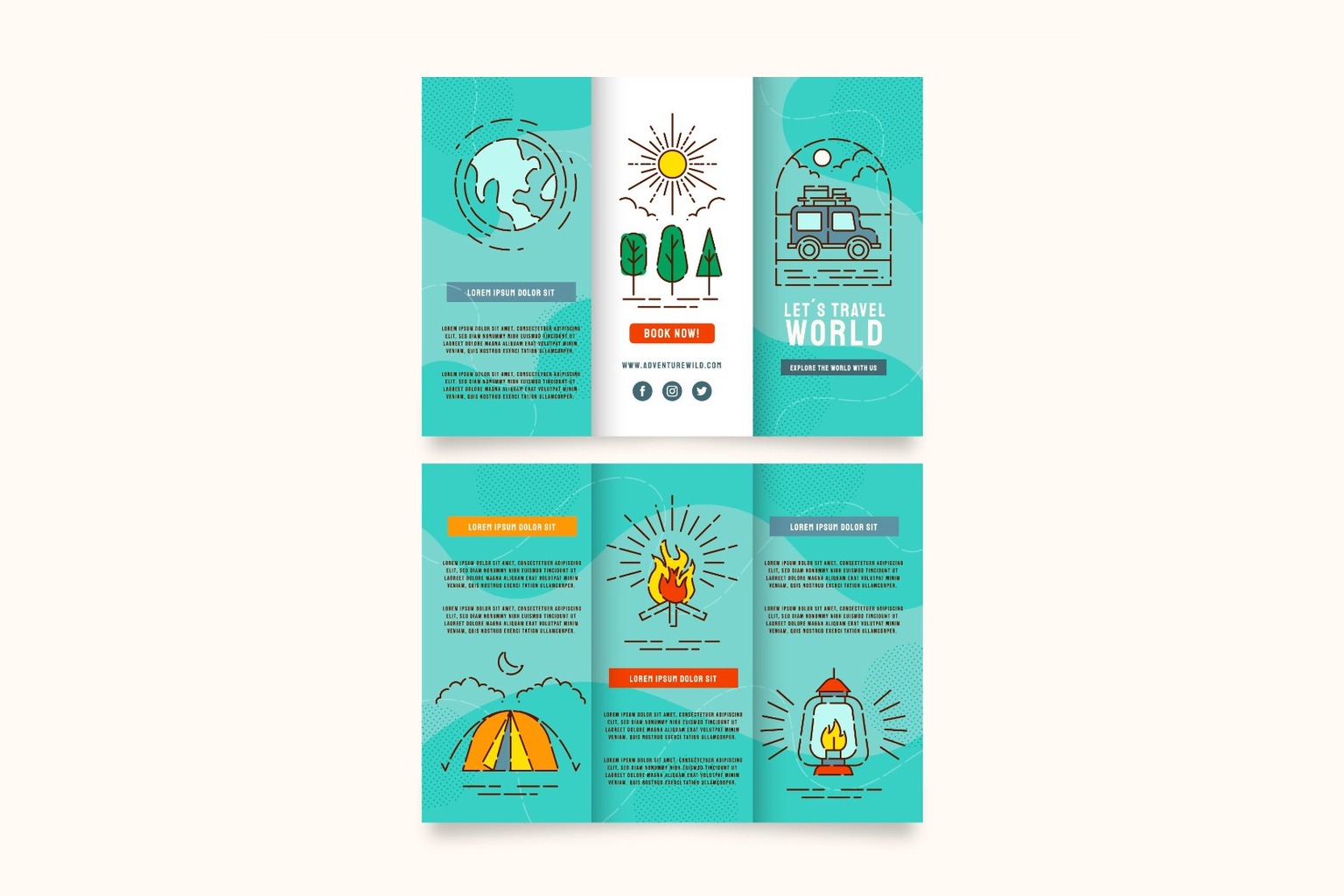 Tri-fold travel brochure mockups with teal and orange adventure branding
