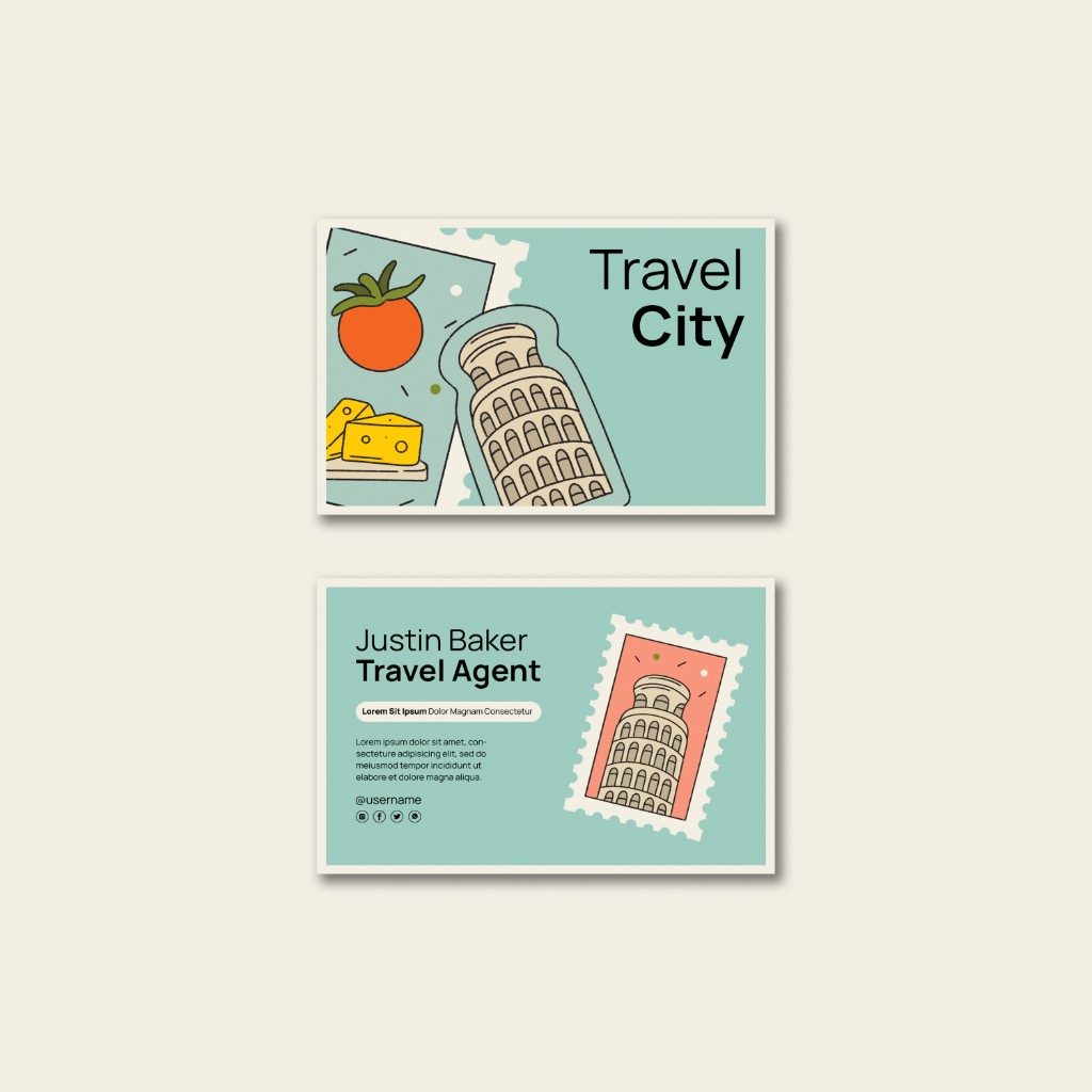Travel-themed postcard mockups with food illustrations and bold typography on a teal background