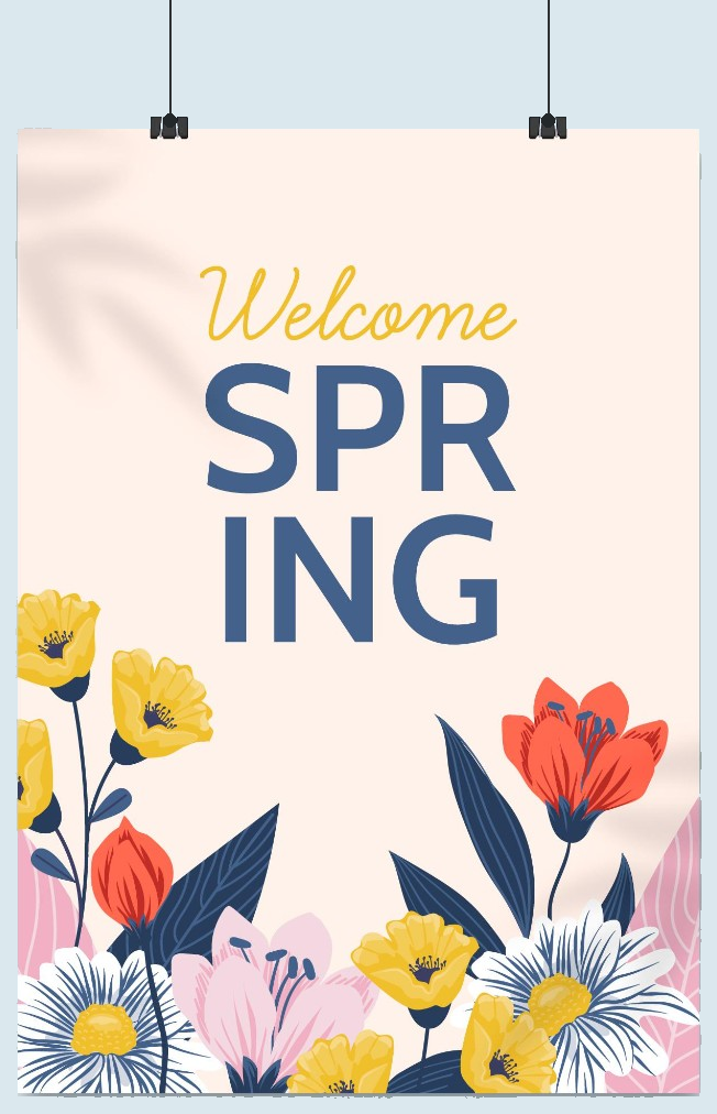 Welcome Spring poster mockup with floral illustrations hanging on a light blue wall