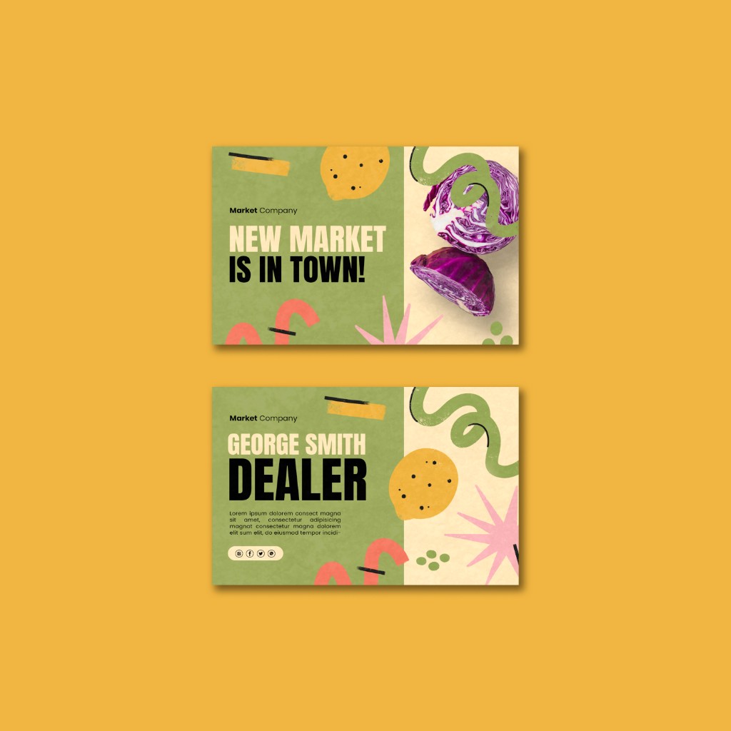 Promotional card mockups with bold typography and colorful hand-drawn accents on a golden background