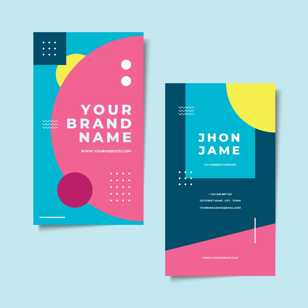 Bold geometric rack card mockups with Memphis-style shapes and vibrant color blocks