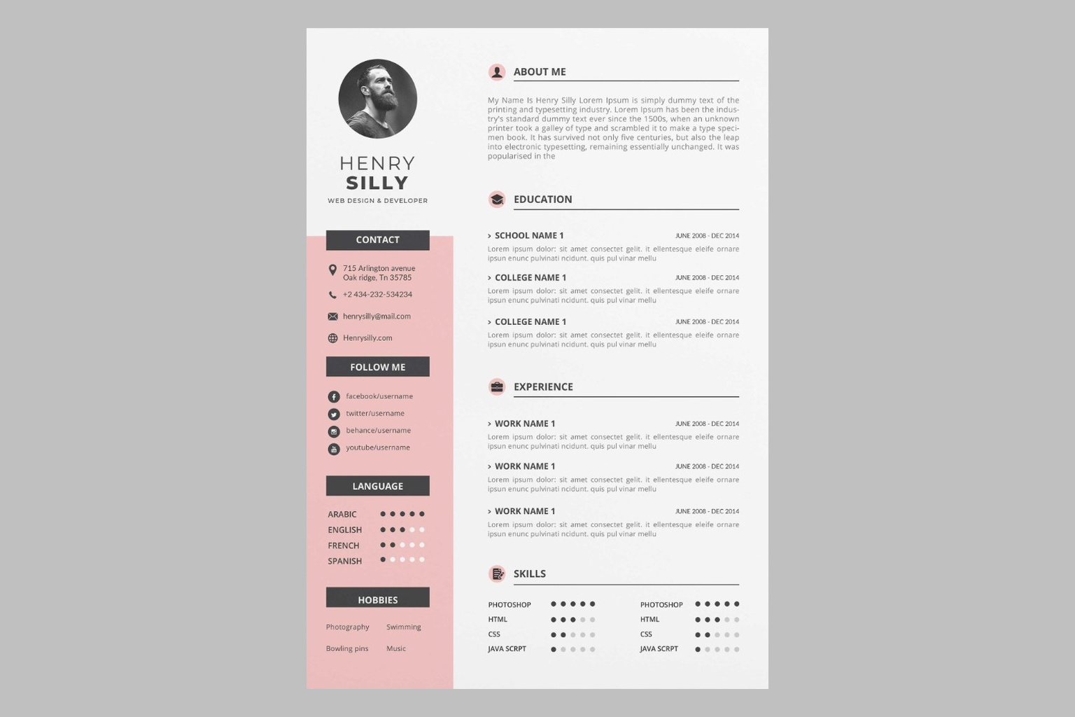 Two-column professional resume layout with photo, experience, and skills sections