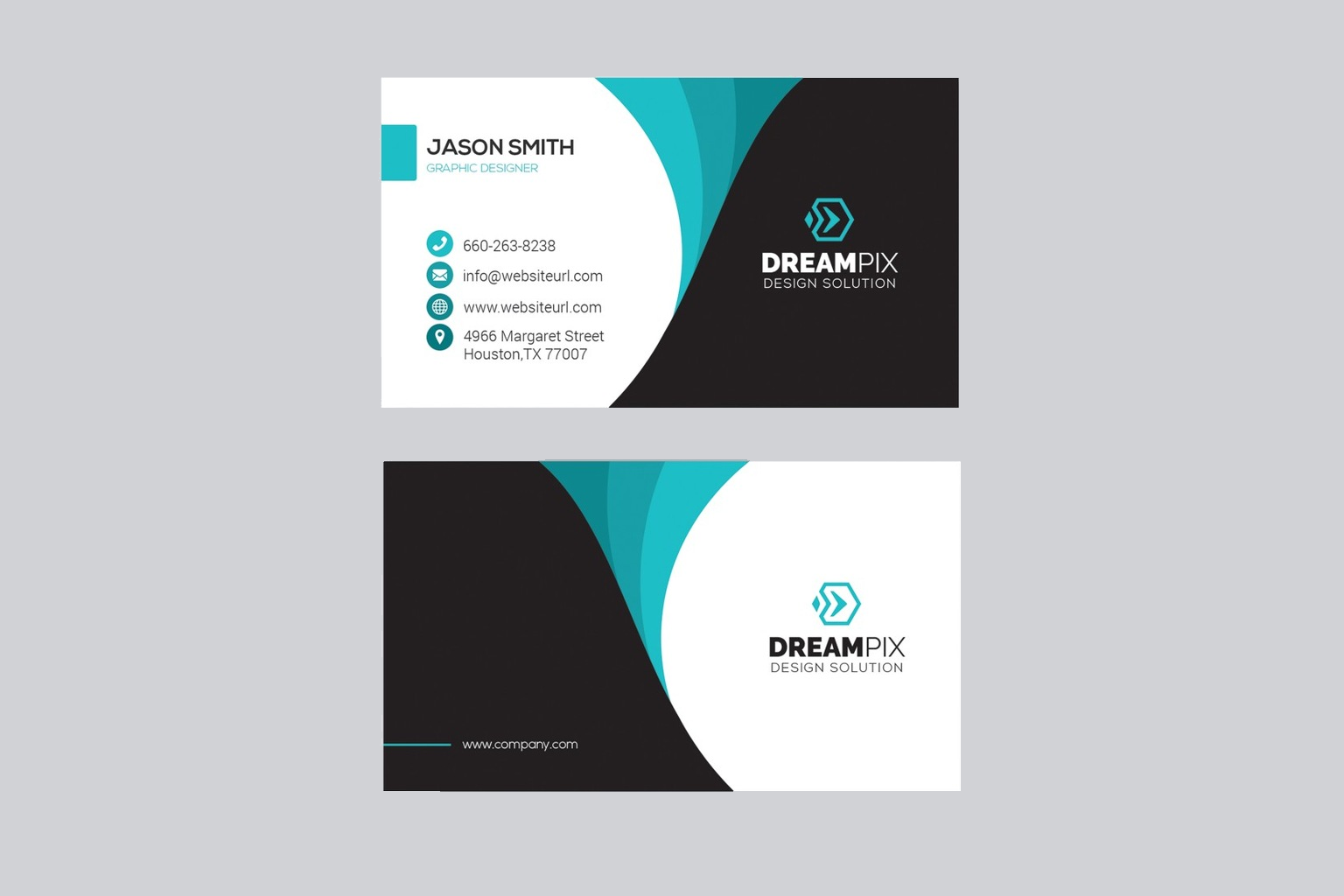 Teal and black business card mockup showing front and back with curved design