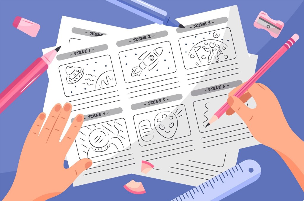 Hands sketching a space-themed storyboard worksheet with pencil on a blue desk